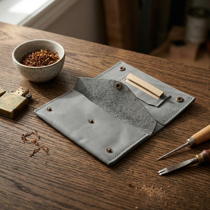 K&ouml;nnte beinhalten: Eine graue Tabaktasche aus Leder mit Druckkn&ouml;pfen, ge&ouml;ffnet, um ein Fach f&uuml;r Zigarettenpapier zu zeigen. Eine kleine Keramikschale mit Tabak, ein Messingfeuerzeug und Werkzeuge liegen auf einer Holzoberfl&auml;che.