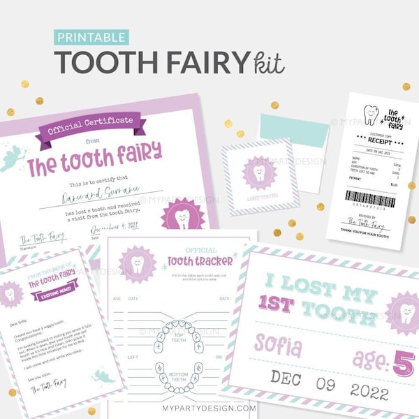 Tooth Fairy Kit - Letter, Receipt, Envelope, Lost Teeth Certificate, Photo Sign, Tooth Tracker - INSTANT DOWNLOAD - Printable Editable PDF