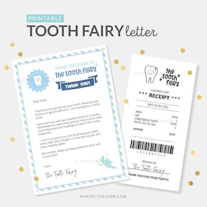 Carta imprimible del Ratoncito Pérez y recibo por dientes perdidos, en azul para un niño - DESCARGA INSTANTE - PDF editable imprimible