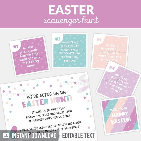 Easter Scavenger Hunt Clues, Editable Clue cards for indoor Egg Hunt, Kids Easter Game - INSTANT DOWNLOAD - Printable PDF with Editable Text