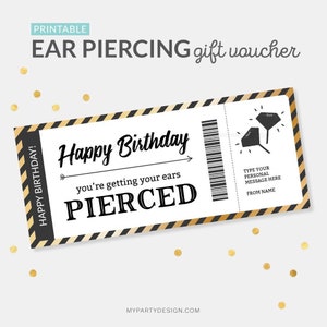 Modèle de bon de perçage d'oreilles, chèque-cadeau de boucles d'oreilles surprise, cadeau d'anniversaire pour une adolescente - TÉLÉCHARGEMENT IMMÉDIAT - PDF modifiable