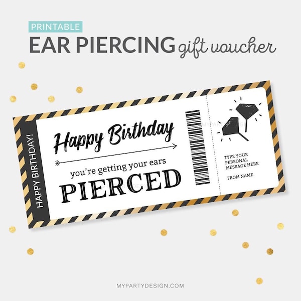 Ear Piercing Voucher Template, Surprise Earrings Gift Certificate, Birthday Gift for Teen Tween Daughter - INSTANT DOWNLOAD - Editable PDF