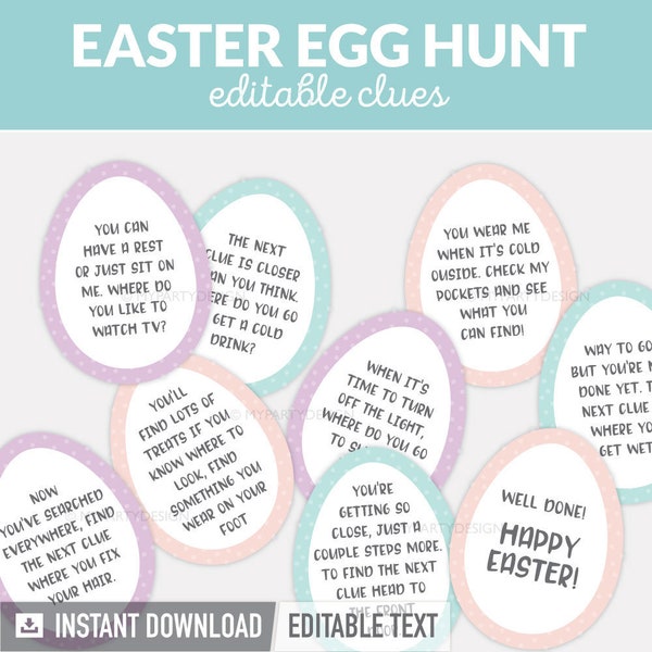 Easter Egg Hunt Clues, Editable Clue cards for indoor Scavenger Hunt, Kids Easter Game - INSTANT DOWNLOAD - Printable PDF with Editable Text