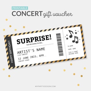 Vale de regalo de plantilla de entrada de concierto, certificado de evento personalizado, regalo de cumpleaños sorpresa - DESCARGA INSTANTE - PDF editable imprimible