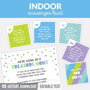 Indices de chasse au trésor en intérieur, cartes indices modifiables pour anniversaire chasse au trésor pour enfants - TÉLÉCHARGEMENT IMMÉDIAT - PDF imprimable avec texte modifiable