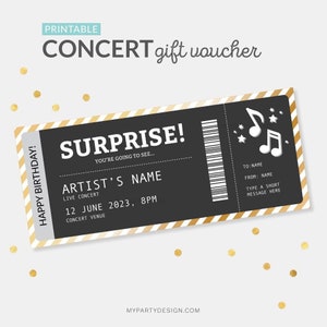 Modèle de cadeau de billet de concert, certificat de billet d'événement personnalisé, Surprise d'anniversaire, carte de bon de spectacle - TÉLÉCHARGEMENT IMMÉDIAT - PDF modifiable