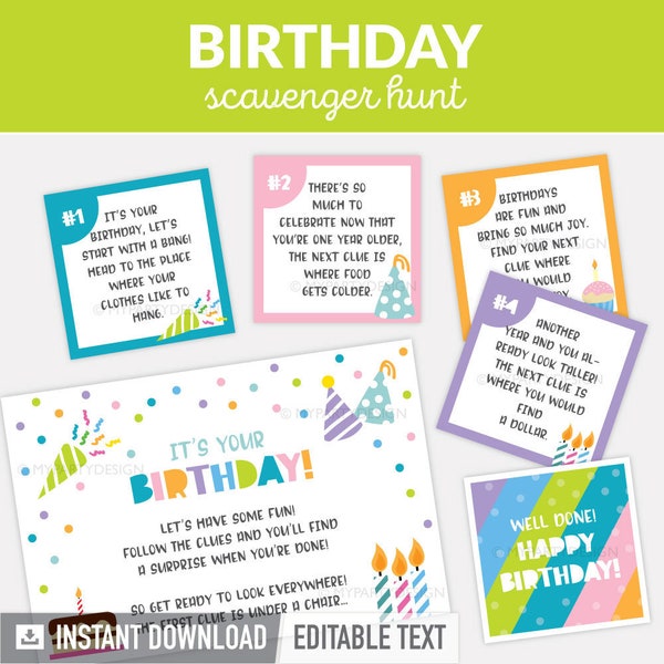 Birthday Scavenger Hunt Clues, Editable Clue Cards for Indoor Treasure Hunt for Kids - INSTANT DOWNLOAD - Printable PDF with Editable Text