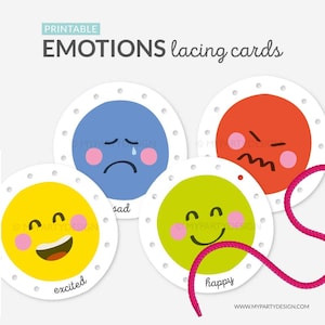 Druckbare Karten, Emotionen Schnürkarten, Fädelkarten, Lerne die Gefühle, Kleinkind Montessori Homeschool - INSTANT DOWNLOAD - Printable PDF
