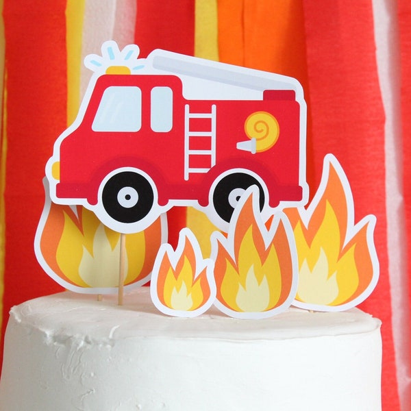 Topper per torta camion dei pompieri, decorazioni per feste pompiere, decorazioni per compleanno camion dei pompieri - DOWNLOAD immediato - PDF stampabile