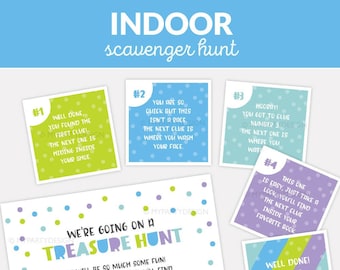 Indoor Scavenger Hunt Clues, Editable Clue Cards for Birthday Treasure Hunt for Kids - INSTANT DOWNLOAD - Printable PDF with Editable Text