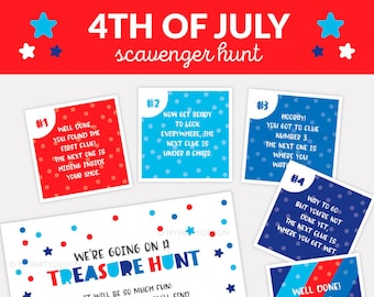 4th of July Scavenger Hunt Clues, Editable Clue Cards for Kids Treasure Hunt, Indoor or Outdoor - INSTANT DOWNLOAD - Printable Editable PDF