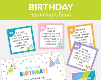 Birthday Scavenger Hunt Clues, Editable Clue Cards for Indoor Treasure Hunt for Kids - INSTANT DOWNLOAD - Printable PDF with Editable Text