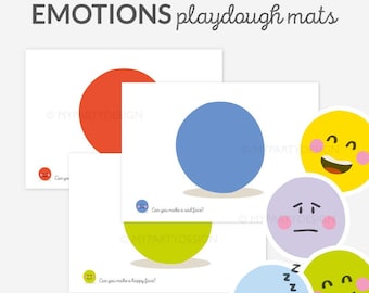 Könnte beinhalten: Druckbare Playdough-Matten mit Kreisen, die verschiedene Emotionen zeigen. Die Matten enthalten einen roten Kreis, einen blauen Kreis, einen grünen Kreis und einen gelben Kreis. Die Kreise sind mit dem Text "Kannst du ein trauriges Gesicht machen?" und "Kannst du ein fröhliches Gesicht machen?" beschriftet. Es gibt auch vier bunte Emoji-Aufkleber mit verschiedenen Gesichtsausdrücken.