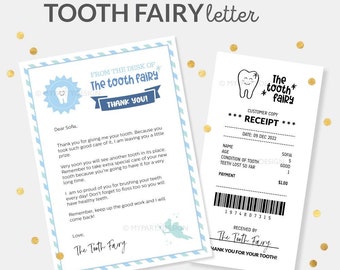 Printable Tooth Fairy Letter and Receipt for Lost Teeth, in blue for a Boy - INSTANT DOWNLOAD - Printable Editable PDF