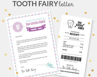 Printable Tooth Fairy Letter and Receipt for Lost Teeth for a Girl - INSTANT DOWNLOAD - Printable Editable PDF