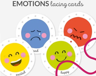 Printable Emotions Lacing Cards, Threading Cards, Learn the Feelings, Toddler Montessori Homeschool - INSTANT DOWNLOAD - Printable PDF