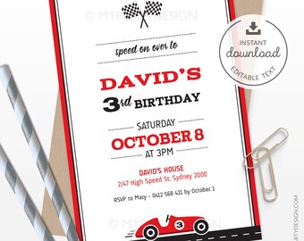 Race Car Invitation, Racing Birthday Party Invite, Car Party for boys - INSTANT DOWNLOAD - Printable PDF with Editable Text