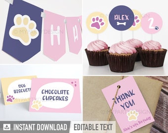 Puppy Birthday Decorations, Pink Dog Pawty Pack, Girl Birthday Party Decor Kit - INSTANT DOWNLOAD - Printable Editable PDF