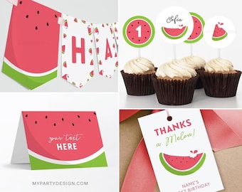 Decorazioni di compleanno di anguria, One in a Melon Party Pack, Kit di decorazioni per il primo compleanno di Summer Girl - DOWNLOAD immediato - PDF modificabile stampabile