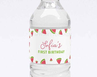 Watermelon Party Bottle Labels, One in a melon First Birthday Decoration, Summer Fruit - INSTANT DOWNLOAD - Printable PDF with Editable Text