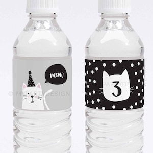 Cat Party Bottle Labels, Water Wrappers, Kitty Cat Party, Kitten Birthday Decor - INSTANT DOWNLOAD - Printable PDF with Editable Text
