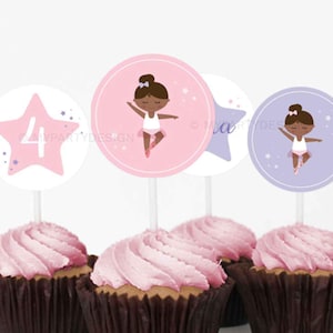 Black Ballerina Cupcake Toppers, African American Ballet Birthday Decorations, Dance Party Decor - INSTANT DOWNLOAD - Printable Editable PDF
