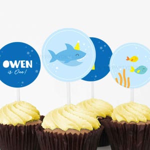 Shark Birthday Cupcake toppers, Under the sea Party Decorations, Fish decor - INSTANT DOWNLOAD - Printable PDF with Editable Text