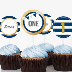 Gold Navy Party Cupcake Toppers, General Stripes Theme, Birthday Party Decorations - INSTANT DOWNLOAD - Printable PDF with Editable Text