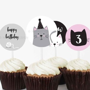 Cat Cupcake toppers, Kitty Cat Party Decorations, Kitten Birthday Pawty Decor - INSTANT DOWNLOAD - Printable PDF with Editable Text