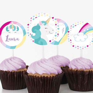 Unicorn Birthday Cupcake toppers, Unicorn Party Decorations, Rainbow Decor for girls - INSTANT DOWNLOAD - Printable PDF with Editable Text