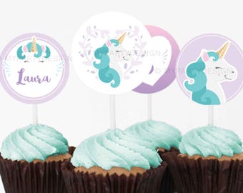 Unicorn Cupcake toppers, Unicorn Birthday Party Printables, Pastel Purple - INSTANT DOWNLOAD - Printable PDF with Editable Text