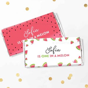 Watermelon Party Chocolate Wrappers, One in a Melon First Birthday Party Favors, Girl Decor - INSTANT DOWNLOAD - Printable Editable PDF