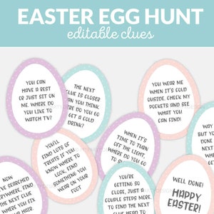 Pistas para la búsqueda de huevos de Pascua, tarjetas de pistas editables para la búsqueda del tesoro en interiores, juego de Pascua para niños - DESCARGA INMEDIATA - PDF imprimible con texto editable