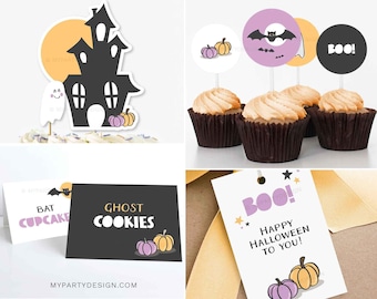May include: A collection of Halloween party printables. Includes a haunted house and ghost topper, cupcake toppers with bats and pumpkins, and cards that say "Bat Cupcake" and "Ghost Cookies". A tag says "Happy Halloween to You!"