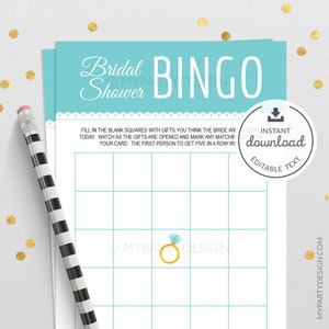 Juego de bingo nupcial, tarjetas de bingo imprimibles, juegos de ducha de boda turquesa, despedida de soltera - DESCARGA INSTANTE - PDF editable imprimible