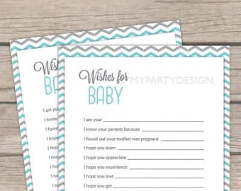 Wishes for Baby Card, Little Man Baby Shower Game, Mustache, Turquoise Chevron - INSTANT DOWNLOAD - Printable PDF with Editable Text