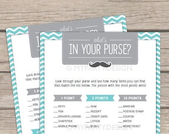 What's in Your Purse, Little Man Baby Shower Game, Mustache BabyShower - INSTANT DOWNLOAD - Printable PDF with Editable Text