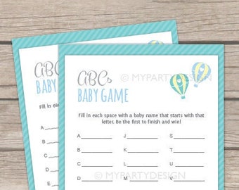 Abc Game, Baby Name Game, Hot Air Balloon Boy Baby Shower, Blue and Green - INSTANT DOWNLOAD - Printable PDF with Editable Text