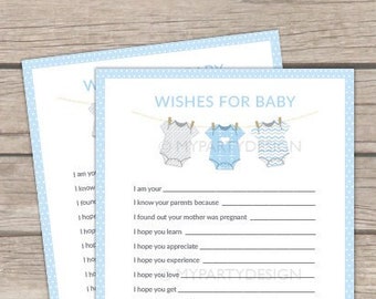 Wünsche für Baby Karte, Blaues Baby-Dusche-Spiel, Bodysuit Thema für Jungen - INSTANT DOWNLOAD - Druckbare PDF mit bearbeitbarem Text