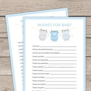 Deseos para tarjeta de bebé, juego de baby shower azul, tema de body para niño - DESCARGA INSTANTE - PDF imprimible con texto editable
