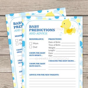 Voorspellingen en advieskaart baby, badeend babyshowerspel, Ducky BabyShower - INSTANT DOWNLOAD - afdrukbare pdf met bewerkbare tekst