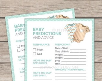 Baby Predictions and Advice Card, Mint Gold Baby Shower, bodysuit theme, Baby Game - INSTANT DOWNLOAD - Printable PDF with Editable Text