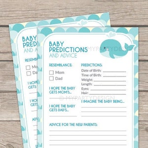 Carte de prédictions et de conseils pour bébé, jeu de baby shower baleine, baby shower de garçon turquoise - TÉLÉCHARGEMENT IMMÉDIAT - PDF imprimable avec texte modifiable