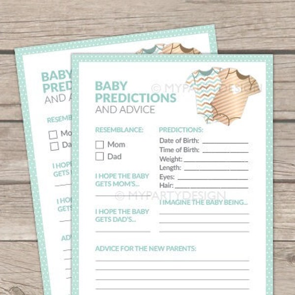 Baby Predictions and Advice Card, Mint Gold Baby Shower, bodysuit theme, Baby Game - INSTANT DOWNLOAD - Printable PDF with Editable Text