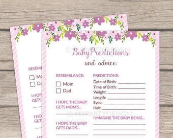 Predictions and Advice Card, Floral Baby Shower Game, Girl Pink Floral BabyShower - INSTANT DOWNLOAD - Printable PDF with Editable Text