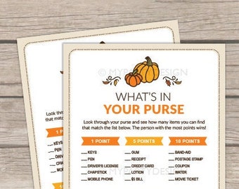 What's in Your Purse, Little Pumpkin Baby Shower Game, Fall BabyShower Cards - INSTANT DOWNLOAD - Printable PDF with Editable Text