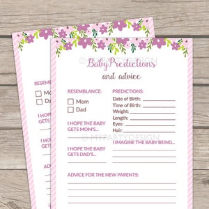 Tarjeta de Predicciones y Consejos, Juego Floral Baby Shower, Girl Pink Floral BabyShower - DESCARGA INSTANTE - PDF imprimible con texto editable