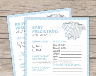 Baby Predictions and Advice Card, Blue Baby Shower, bodysuit theme, BabyShower Game - INSTANT DOWNLOAD - Printable PDF with Editable Text