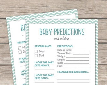 Baby Predictions and Advice card, Owl Boy Baby Shower Game, Mint Teal Chevron - INSTANT DOWNLOAD - Printable PDF with Editable Text