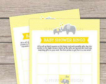 Baby Shower Bingo, Yellow Elephant Baby Shower Game, Gender Neutral - INSTANT DOWNLOAD - Printable PDF with Editable Text